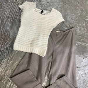 H&M white short sleeve sweater / Eileen Fisher Taupe linen pants